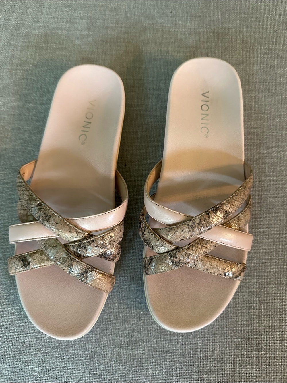 Vionic Women's Dava Blush Pink and Gold Snake-Print Slide Sandals